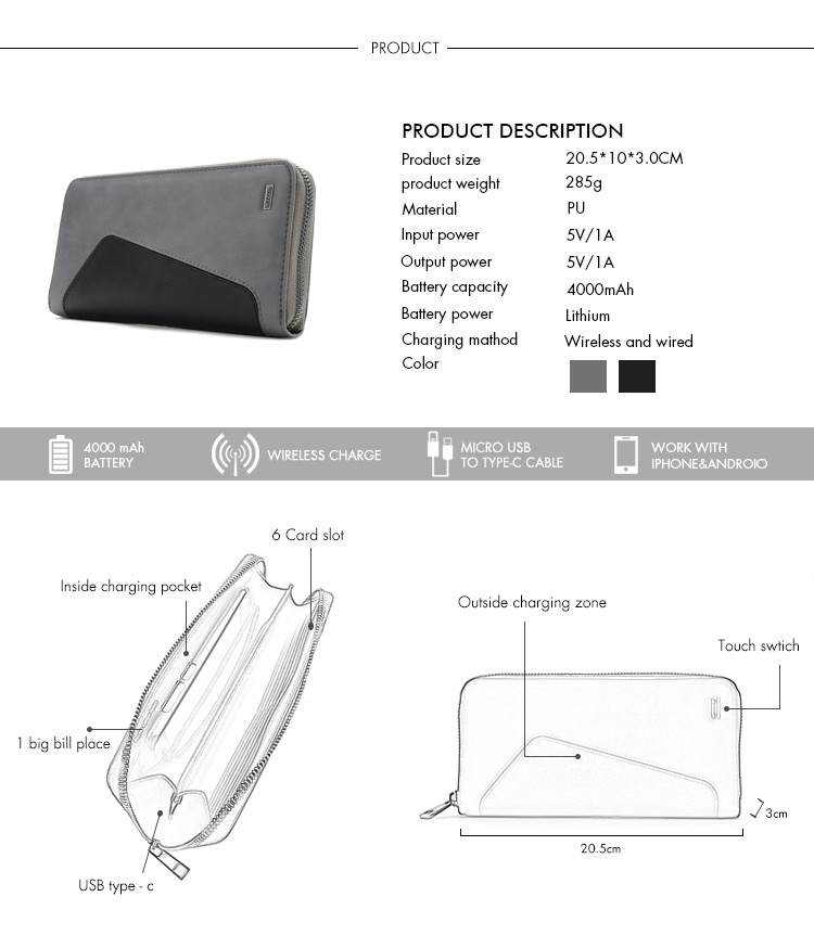 zipper wireless charger wallet